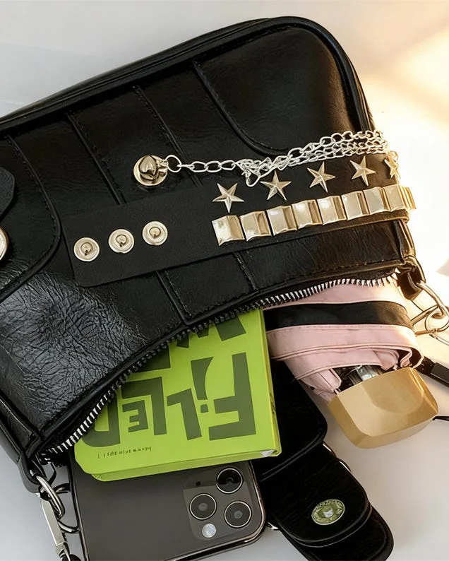 Baguette with Studded Stars and Chain Shoulder Bag - Image 9