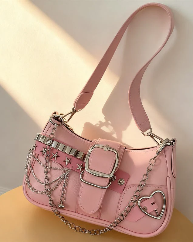 Baguette with Studded Stars and Chain Shoulder Bag - Image 10