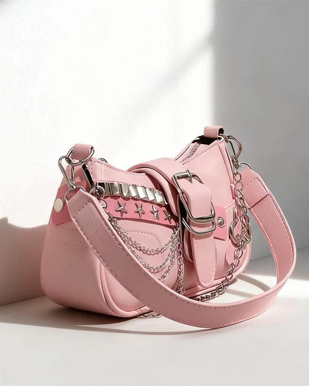 Baguette with Studded Stars and Chain Shoulder Bag - Image 12