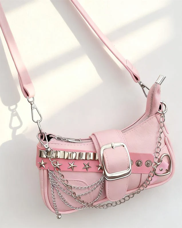 Baguette with Studded Stars and Chain Shoulder Bag - Image 13