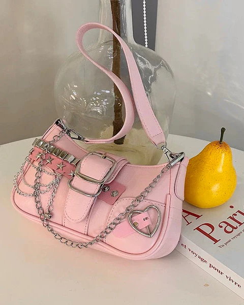 Baguette with Studded Stars and Chain Shoulder Bag - Image 4