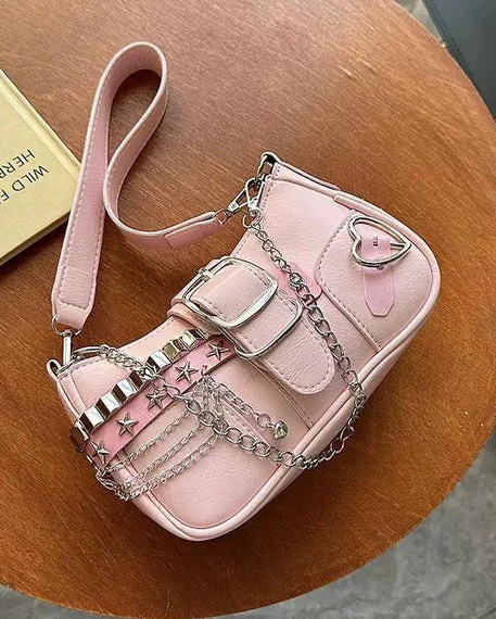 Baguette with Studded Stars and Chain Shoulder Bag - Image 5