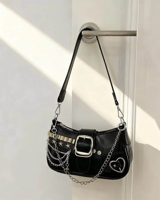 Baguette with Studded Stars and Chain Shoulder Bag - Image 7
