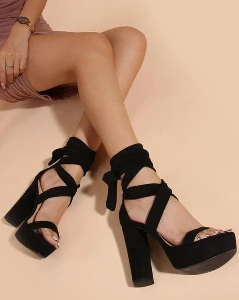 Velvet Strap Lace Up Heels - Image 9