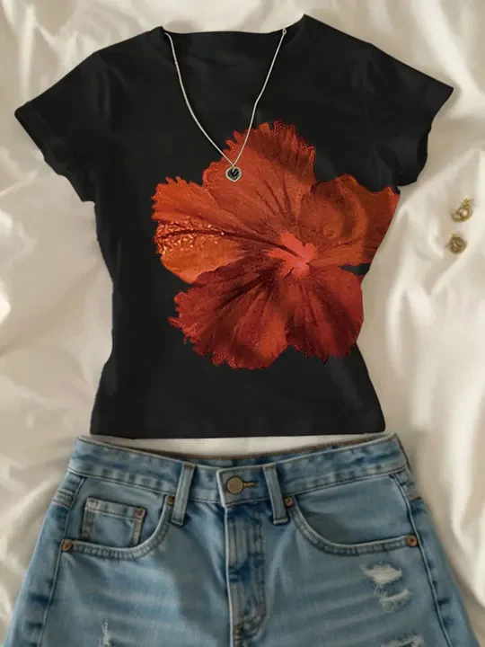 Round Neck Short Sleeve Flower Print T-Shirt - Image 9
