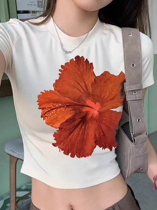 Round Neck Short Sleeve Flower Print T-Shirt - Image 12