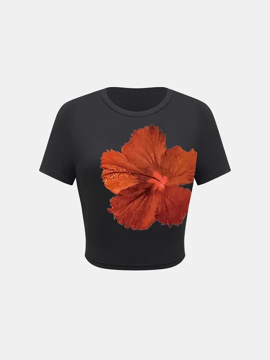 Round Neck Short Sleeve Flower Print T-Shirt - Image 10