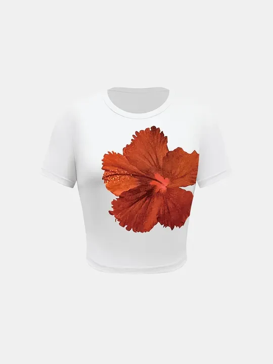Round Neck Short Sleeve Flower Print T-Shirt - Image 13