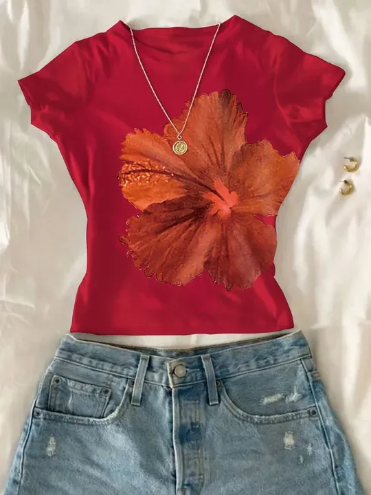 Round Neck Short Sleeve Flower Print T-Shirt - Image 3