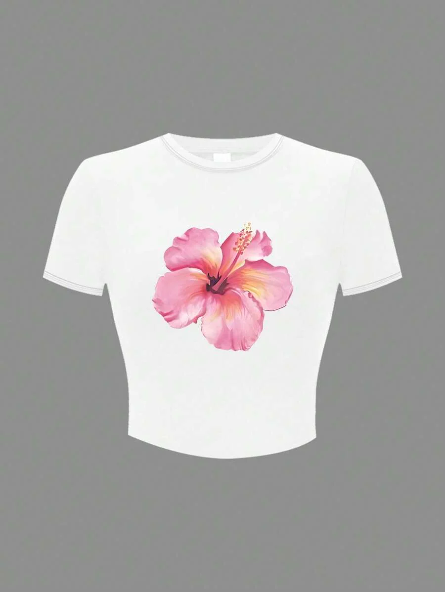 Round Neck Short Sleeve Flower Print T-Shirt - Image 6